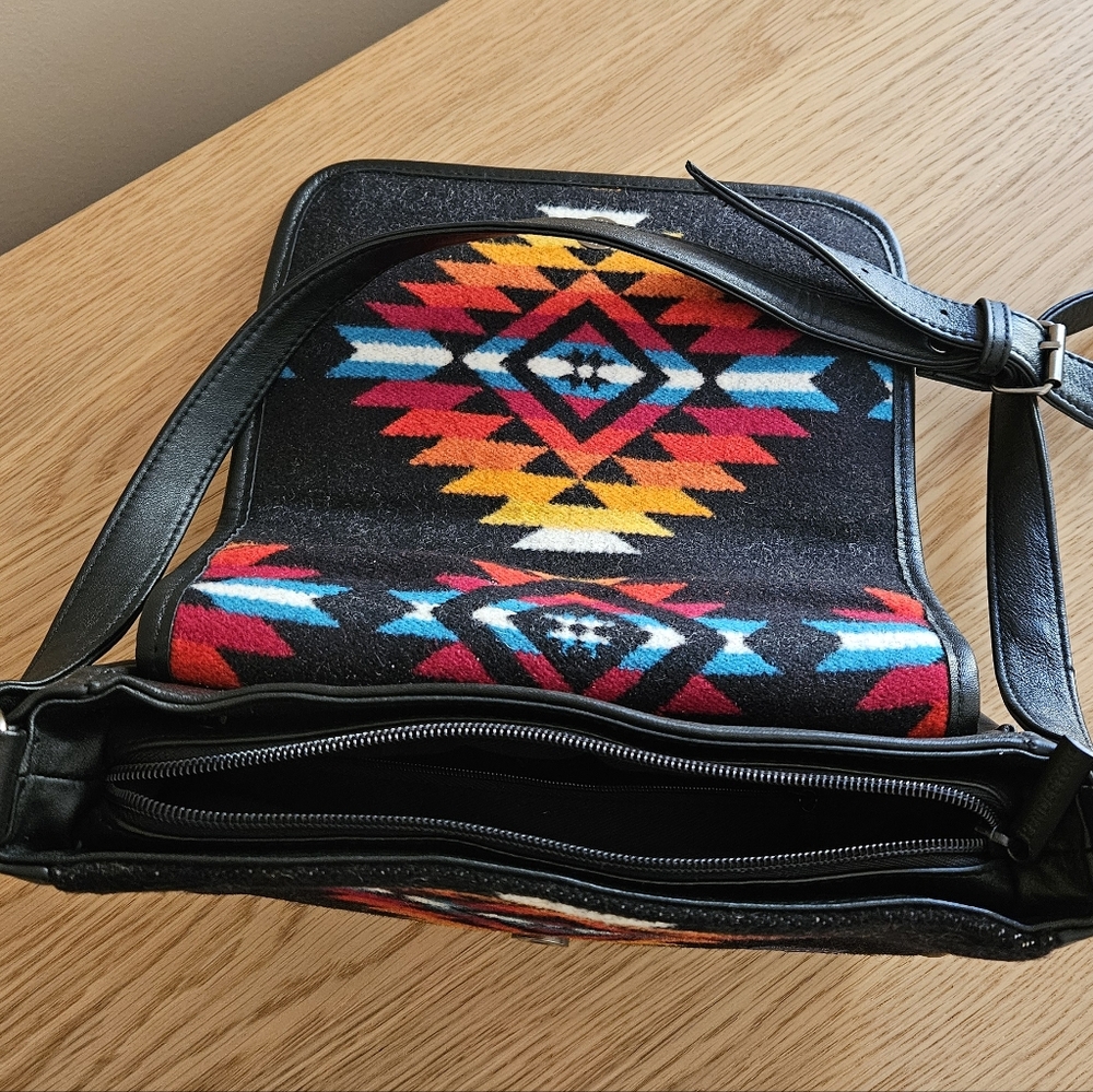 Pendleton Wool Southwestern Crossbody Bag Black Leather Aztec Boho - Picture 6 of 14